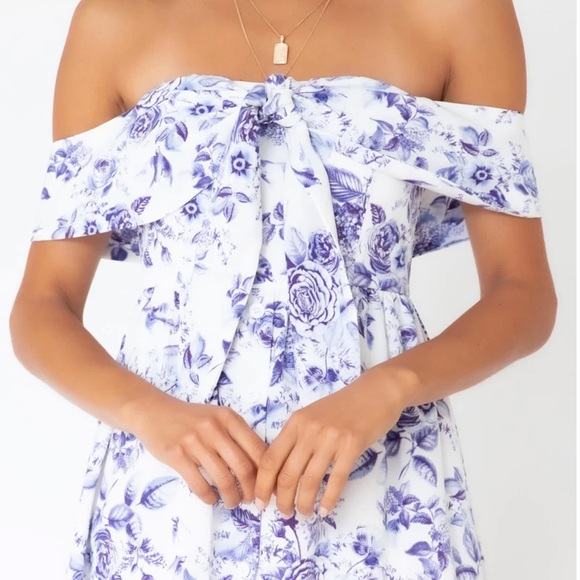 Bates Off the Shoulder Midi Dress in Blue Floral - Picture 3 of 7